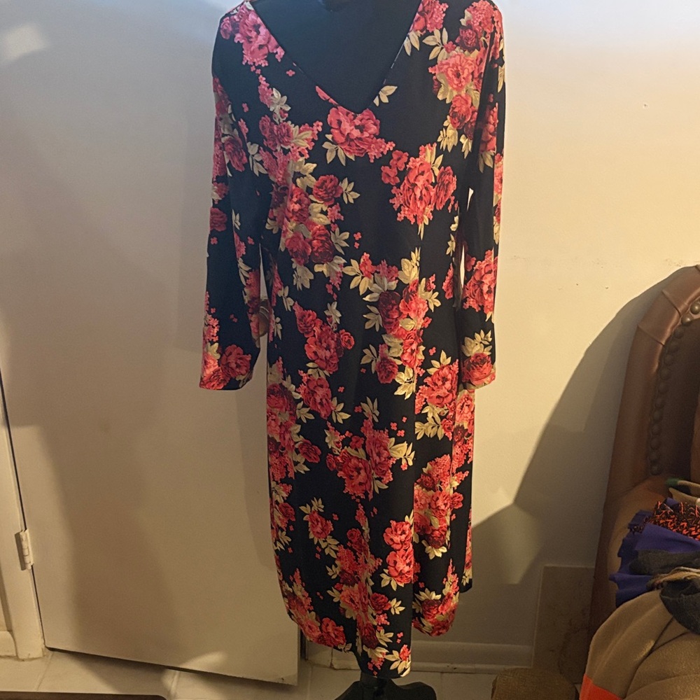 Charter Club Black and Pink Floral Long Sleeve Dress